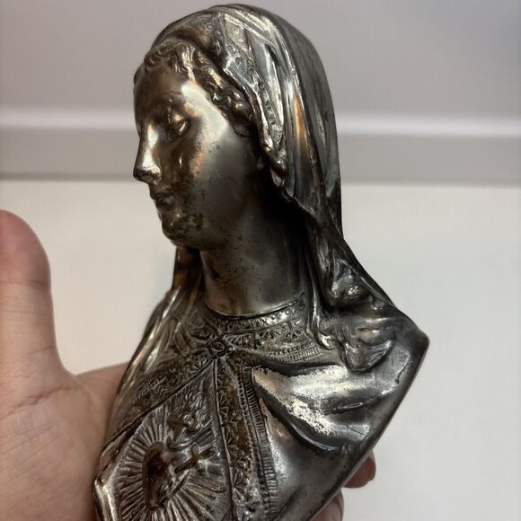 Antique Silver Plated Madonna SC De Maria Bust  Religious Statue About 7” H - Picture 2 of 11